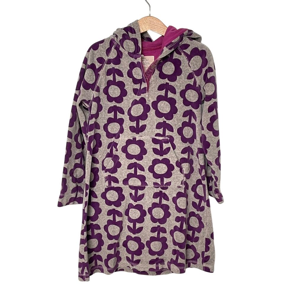 Mini Boden Hoodie Dress 7-8Y Grey with Purple Flowers Long Sleeve Velour